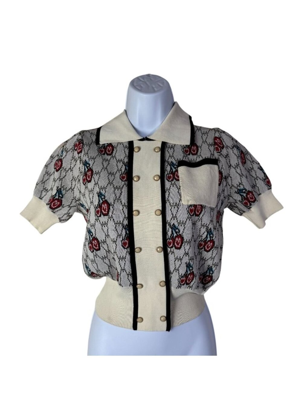 Cherry Short Sleeve Knit Top Pearl Buttons Sz Small Novelty Old Money Wool Blend